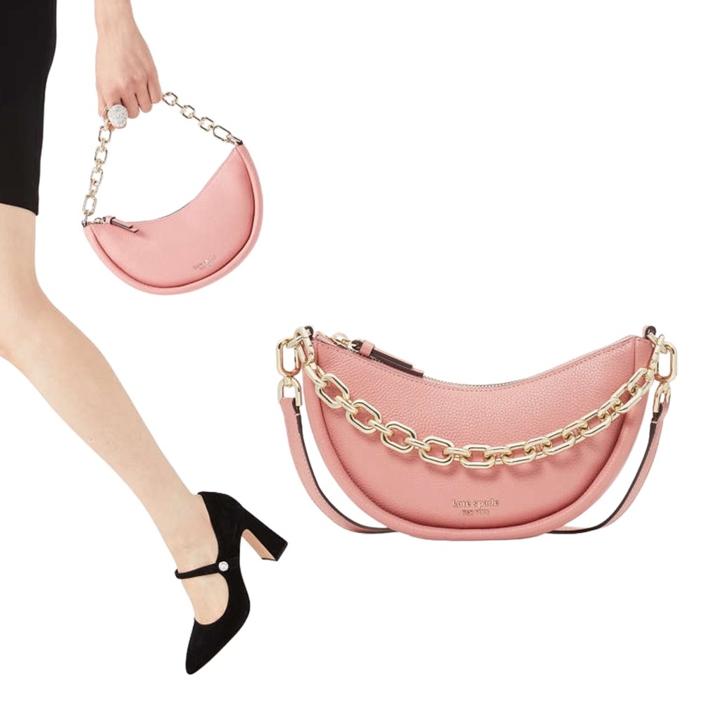 KATE SPADE Rose Pink Leather Smile Bag w/ Detachable Crossbody & Chain Strap Bag